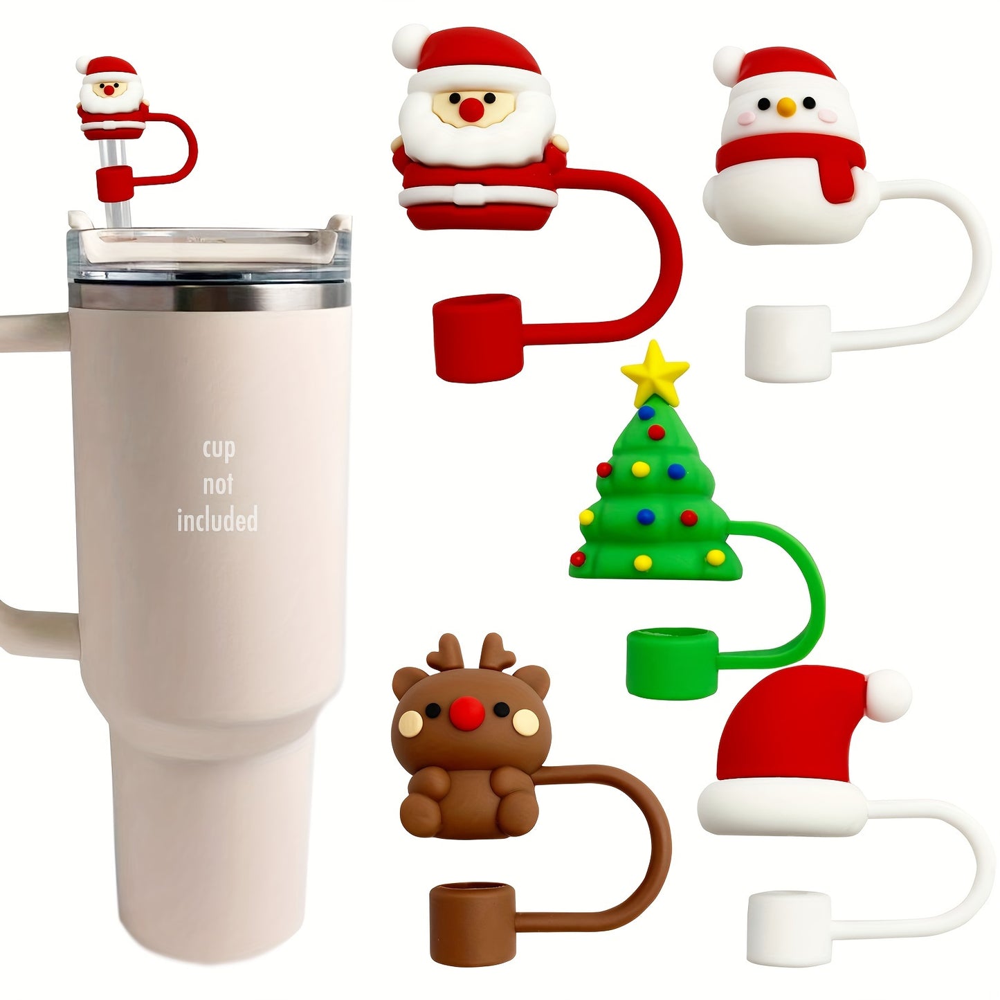 Christmas Themed Straw Toppers 5-Pack, Universal Fit Rubber Drink Accessories