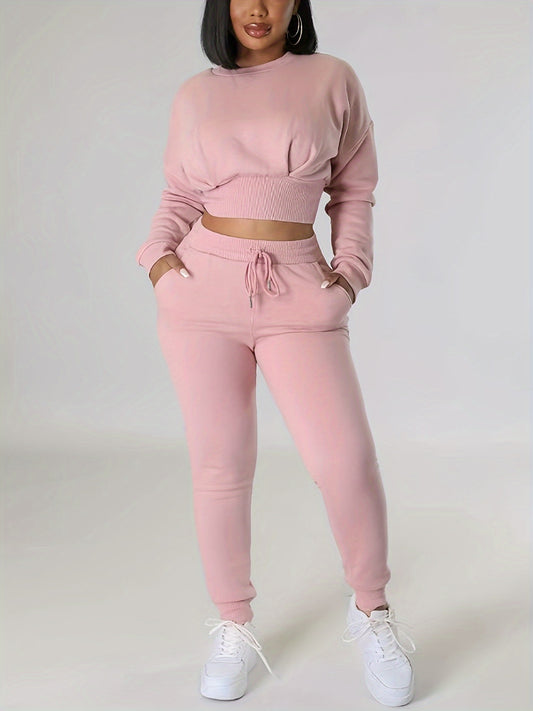 Solid Casual Two-piece Set, Crew Neck Long Sleeve Tops & Drawstring Jogger Pants Outfits, Women's Clothing