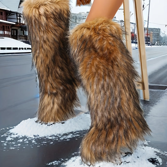 Women's Cozy Faux Fur Mid-Calf Snow Boots - Warm, Slip-On, Flat Heel for Winter Comfort