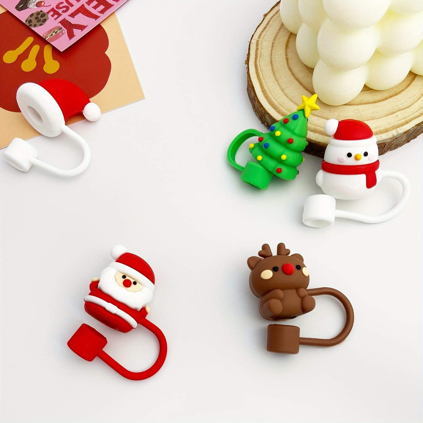 Christmas Themed Straw Toppers 5-Pack, Universal Fit Rubber Drink Accessories