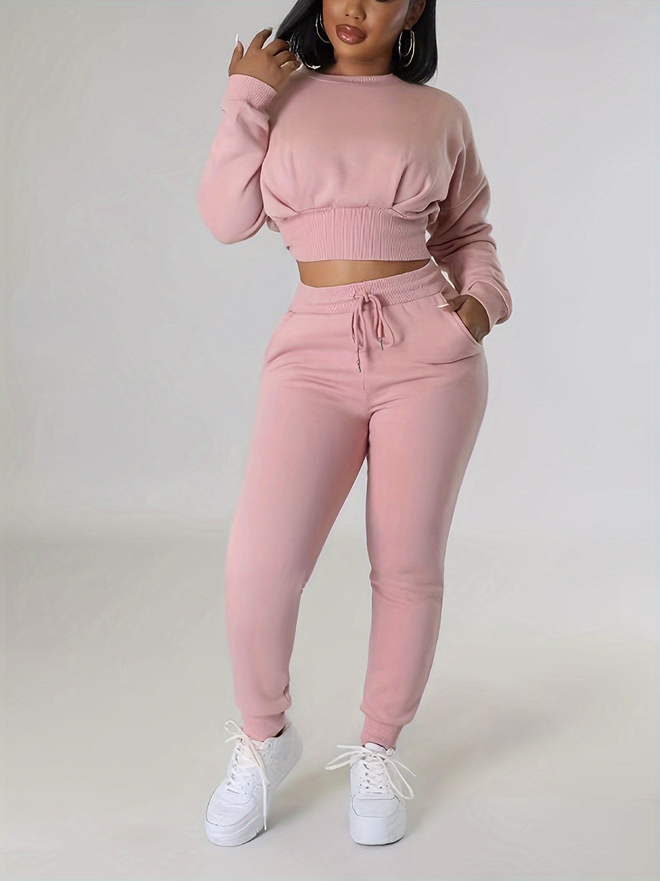 Solid Casual Two-piece Set, Crew Neck Long Sleeve Tops & Drawstring Jogger Pants Outfits, Women's Clothing