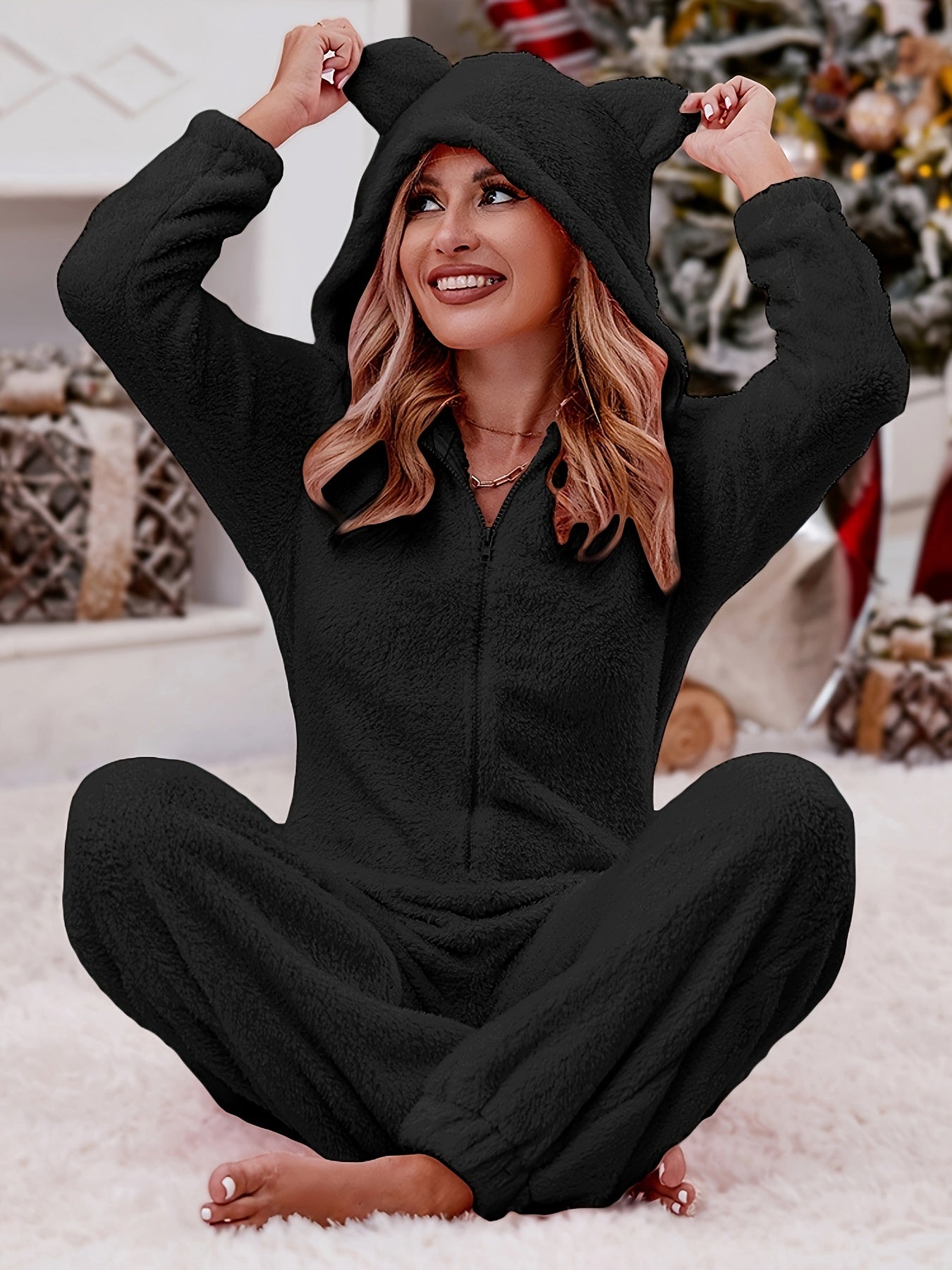 Women's Plush Long Sleeve Hooded Jumpsuit