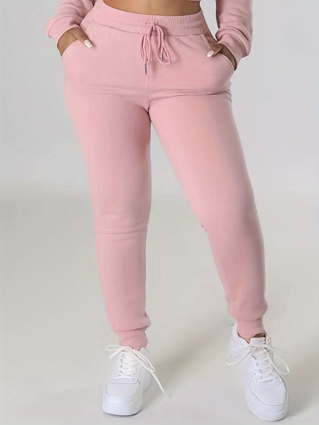 Solid Casual Two-piece Set, Crew Neck Long Sleeve Tops & Drawstring Jogger Pants Outfits, Women's Clothing